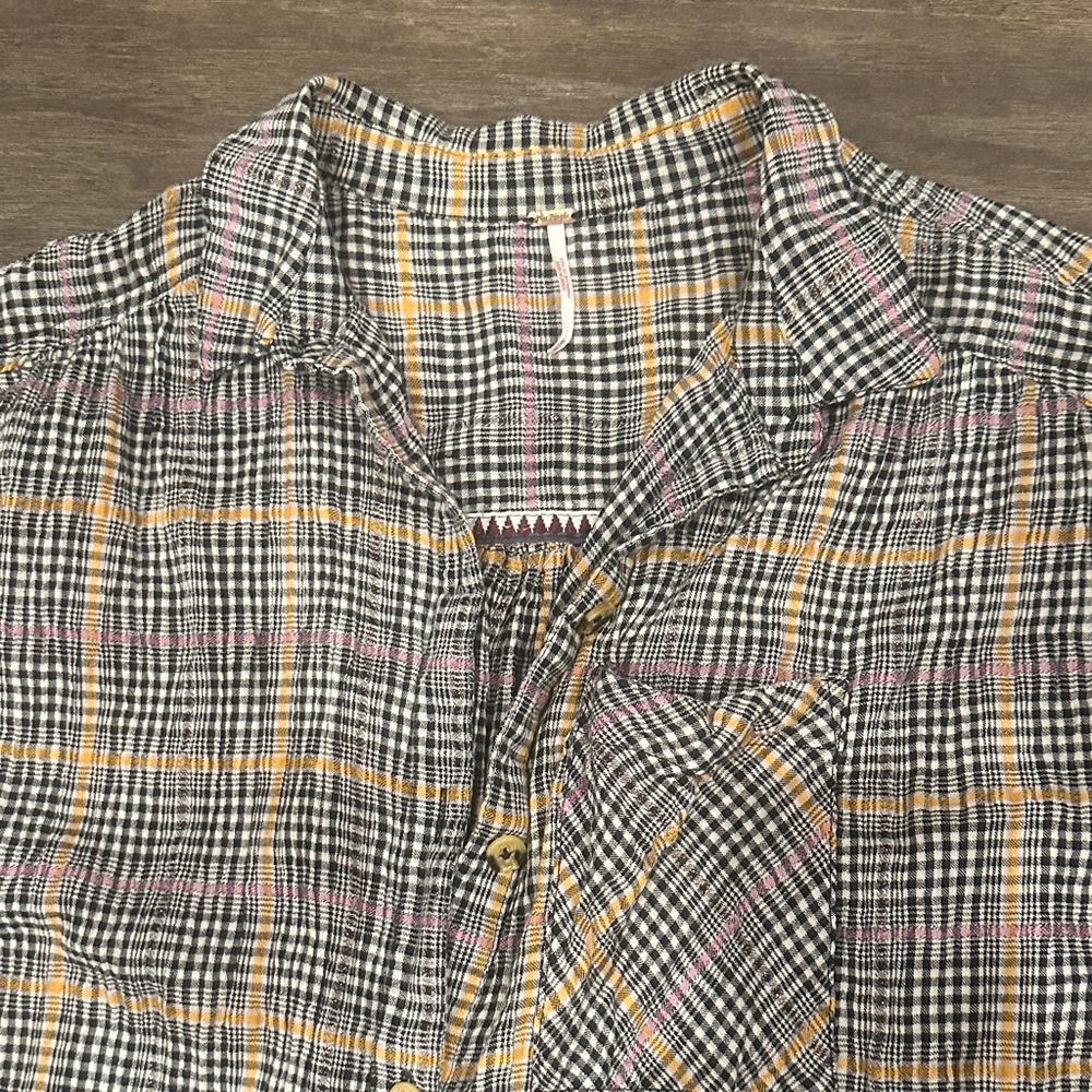 Free People Yellow and Black Plaid Shirt